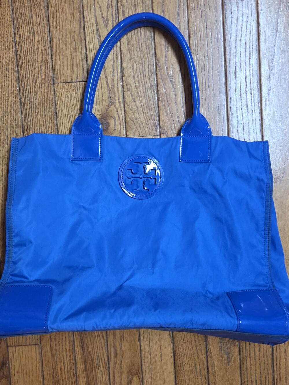 Tory Burch Ella Large Logo Blue Nylon Tote with Patent Trim